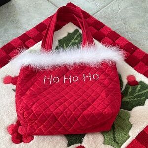 Red Quilted Tote with Ho Ho Ho Rhinestones and White Boa Fur Trim